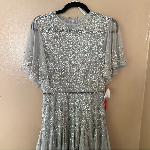 Mac Duggal #93655 Cape Sleeve Beaded Tea Length Dress blue Sz 4 NWT $598 - Picture 4 of 16